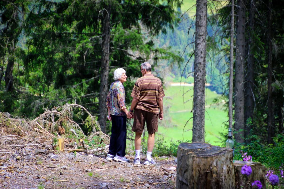 An elderly couple walking through a forest