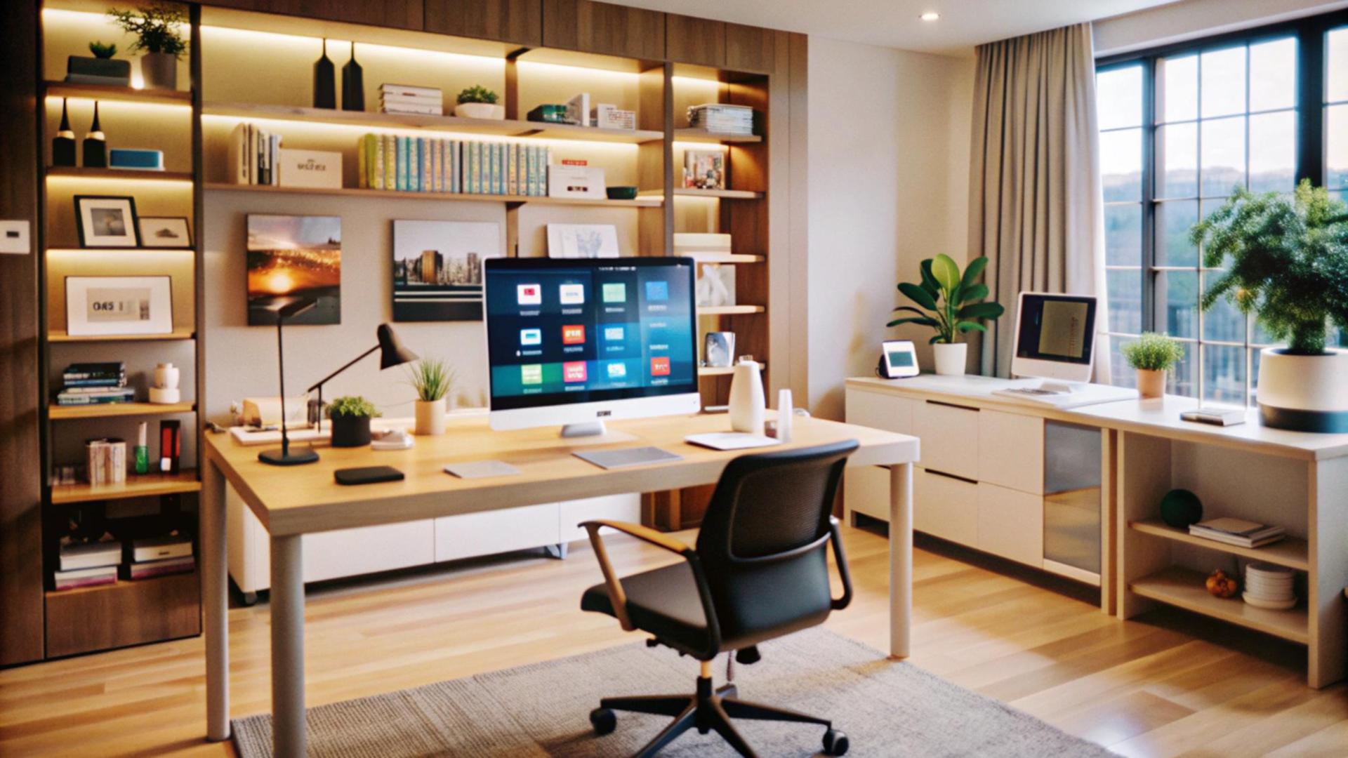 Custom home office with desk computer and bookshelves