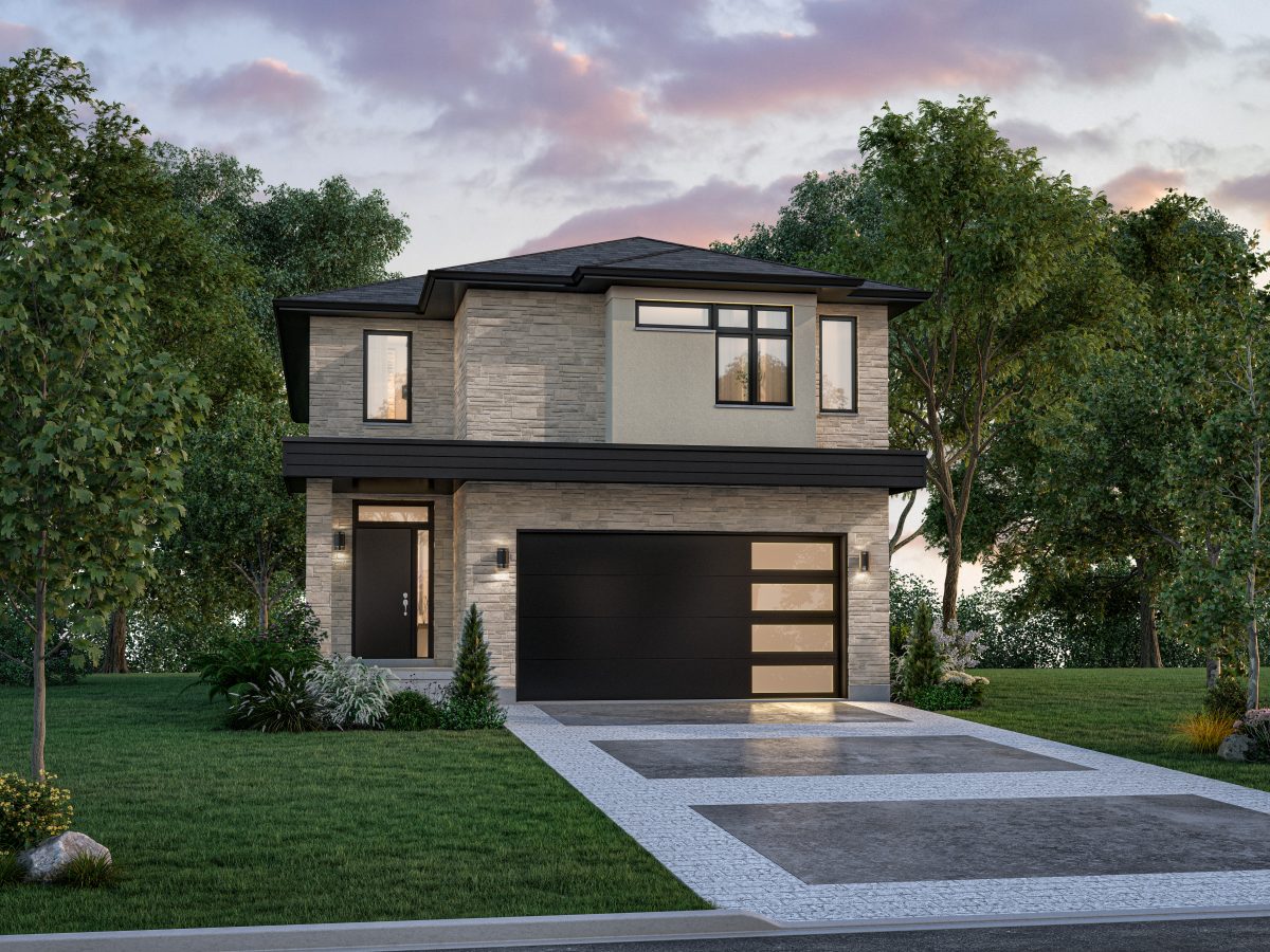 Front view of a newly built Blythwood home in Niagara with stone exterior, symbolizing the path from opportunity to dream home for new Canadians.